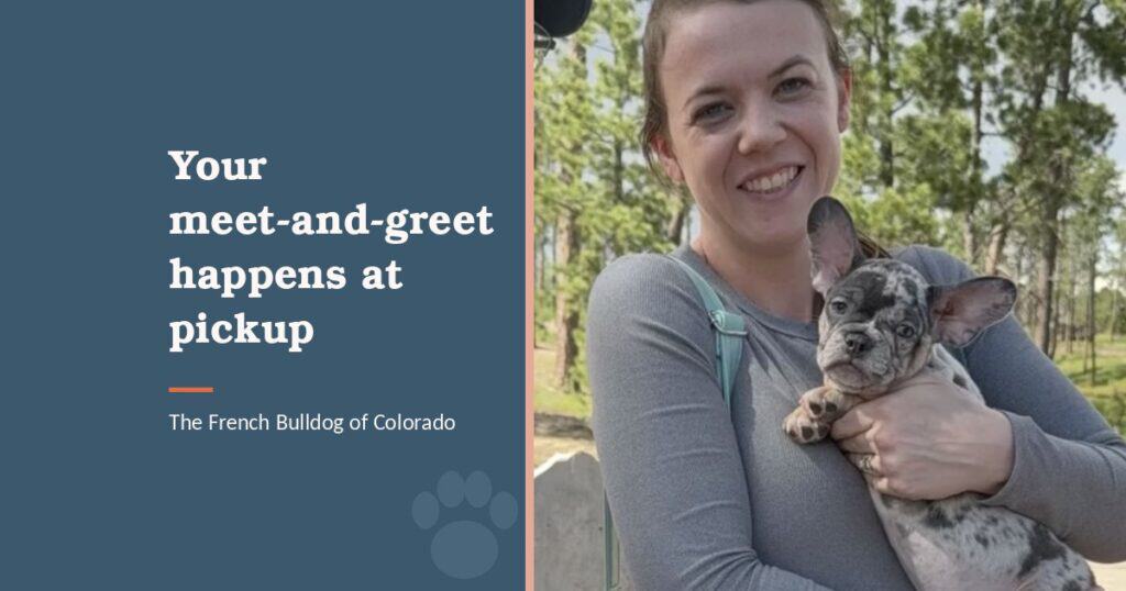 Woman at pick up with her frenchie pup